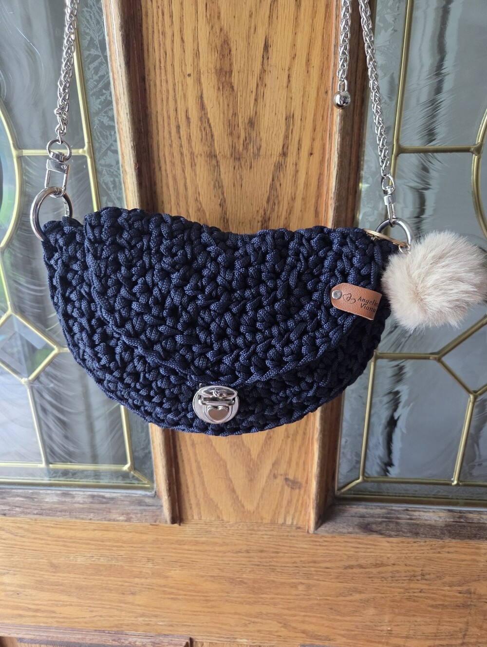 Handmade Navy Crossbody Bag with Fur Pom